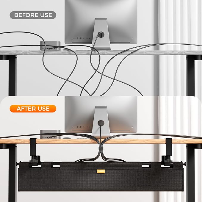 No Drill Thickened Under Desk Cable Management Tray,38.5In,Black | Upgraded Double-Layer Extra Thick Standing Desk Wire Management,Cord Organizer with Clamp/Screw Mount,for Office,Home