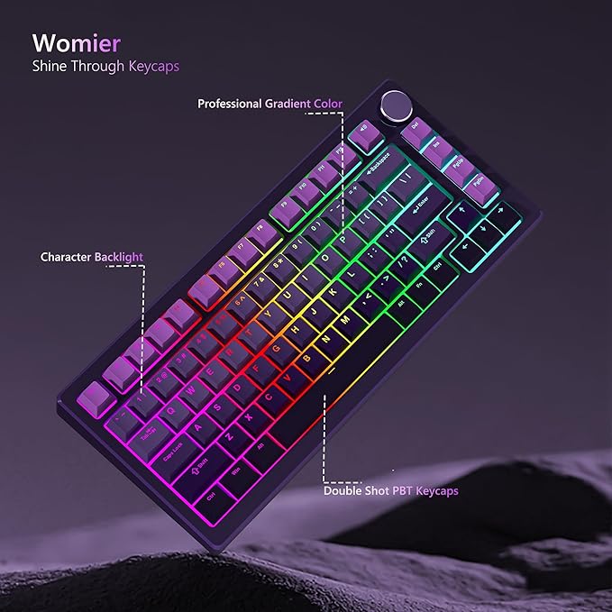 Womier Shine Through PBT Keycaps 60 75 100 Percent Cherry Profile, Custom Key Cap Doubleshot Keycaps Set, Universal Compatiability for Cherry Gateron MX Switches Keyboard, Gradient Purple