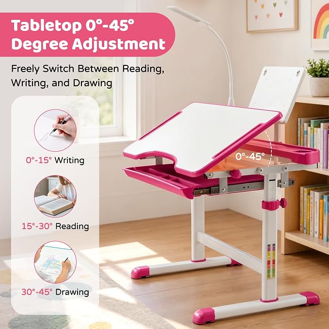 Diroan Kids Desk and Chair Set with LED Light, Height-Adjustable for Age 7+ | Ergonomic, Large 0‑45°desk, Sturdy steel frame, Storage drawer, Bookstand, Metal hook