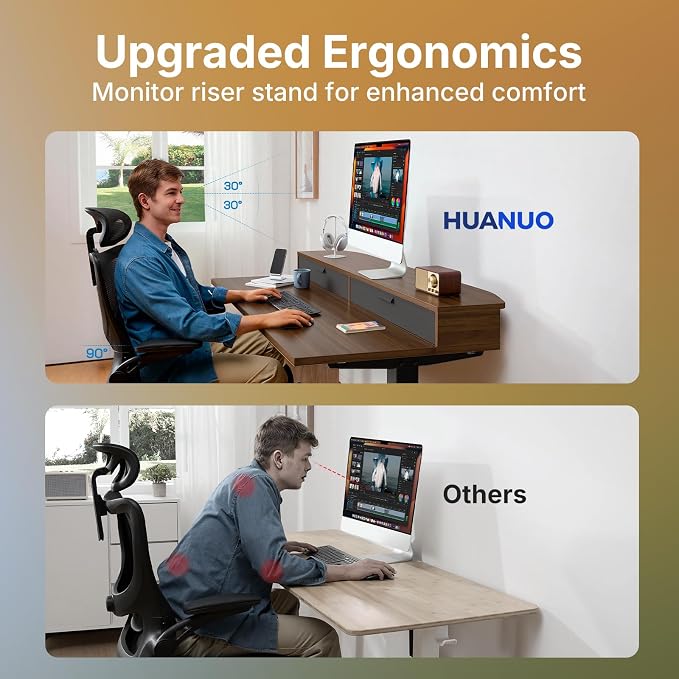 HUANUO 32 x 21 inch Small Electric Standing Desk with 2 Drawers, C-Clamp Mount Compatible, Height Adjustable Sit Stand Desk, Home Office Stand Up Desk with 4 Memory Height Settings, Walnut