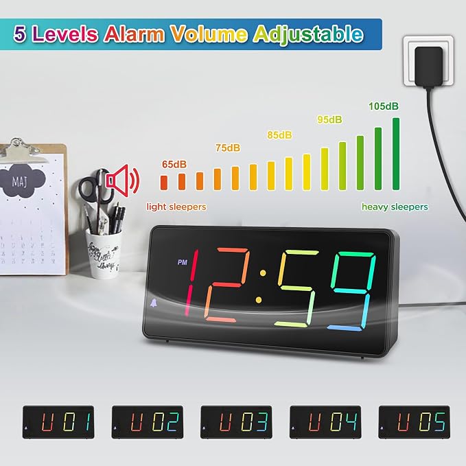 Peakeep Digital Alarm Clock for Bedroom Bedside, Loud for Heavy Sleepers | Large Big Color Changing Colorful LED Numbers for Seniors 6 Brightness, Battery Backup Plug in Electric Clock, USB Charger