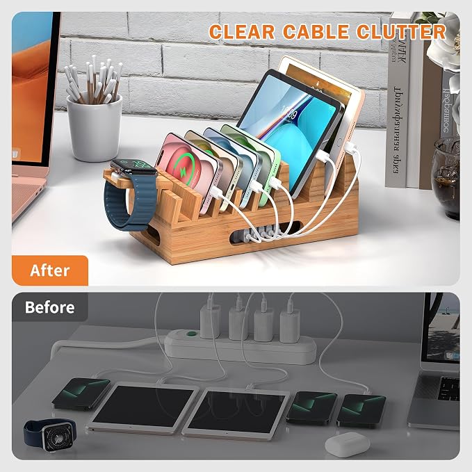 Pezin & Hulin Bamboo Charging Station with 5-Port USB Charger & 5 Cables | 7-Slot Wood Organizer, Magnetic Snap Assembly, Thick Base, Non-Slip Pads, Hidden Cord Box. Ideal for Home Office & Bedside