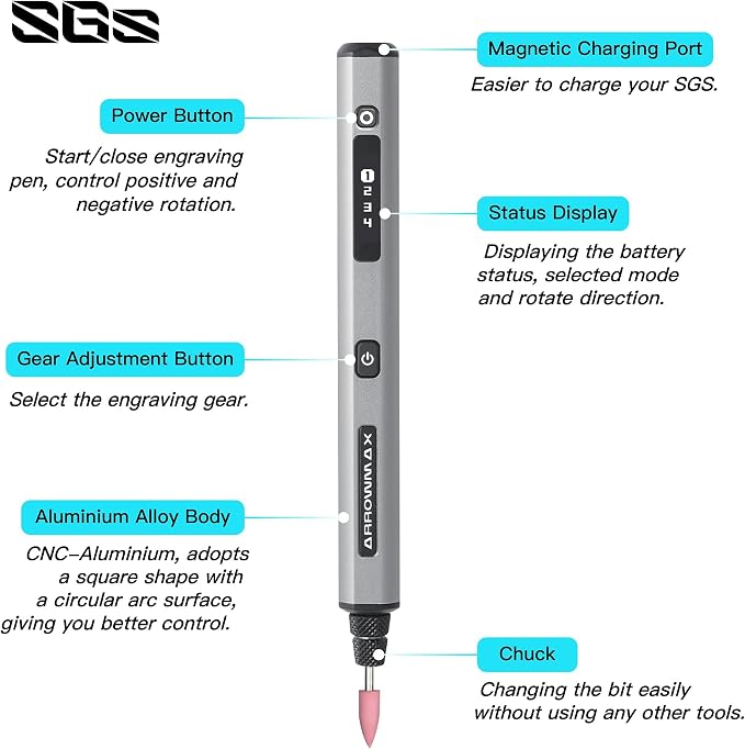 Electric Mini Engraving Pen, HollowCup Motor, 42 Bits with Aluminum Case, OLED, Magnetic Charge, Mini Cordless Rotary Tool, Engraving Pen for Bead, Metal, Wood, Glass and Plastic (SGS)
