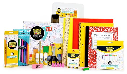 Back to School Supply Box (Case - 5 Boxes) - Grades K-5 Back to School Supplies - 32 Piece Kit Includes Markers, Crayons, Pencils, Scissors, Folders, Glue Sticks, Notebook, and Composition Book