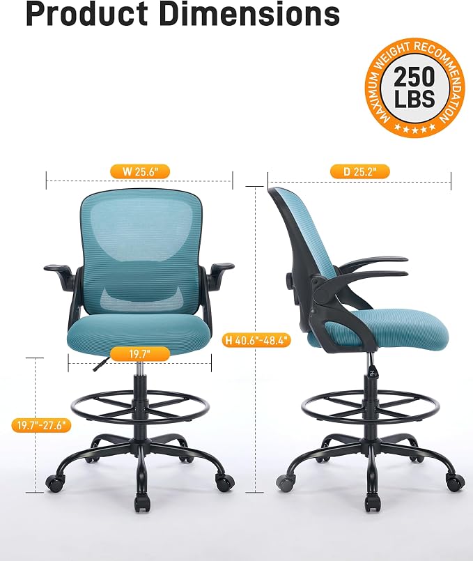 LukkDys Drafting Chair with Arms, Tall Office Chair for Standing Desks | Ergonomic lumbar pad, breathable mesh and foot ring support forward-leaning posture for sewing, crafts and daily studio work.