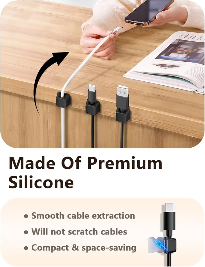 Viaky 8 PCS Magnetic Cord Holder,Magnetic Cable Clips, Charger Cord Holders for USB Type-C Earphone Wires, Multipurpose Cable Management Cord Organizer for Desk Nightstand Car Office(Black)