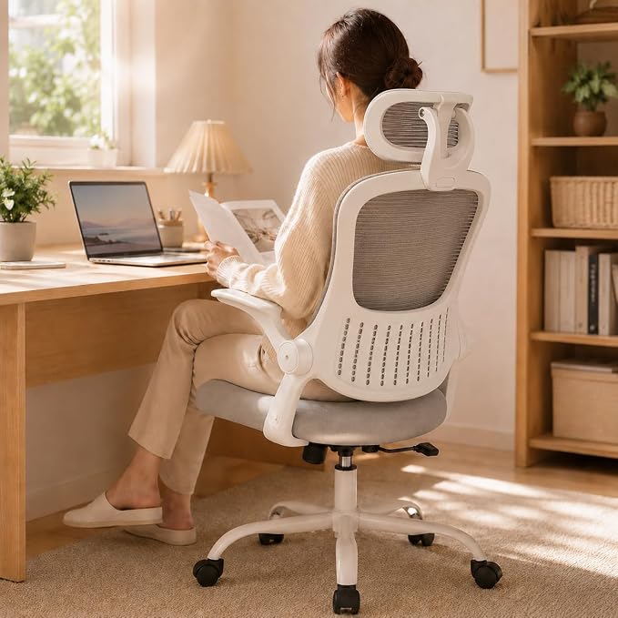 Grey Ergonomic Office Chair, High Back Mesh Desk Chair with Adjustable Headrest Lumbar Support, Computer Chairs with Flip-up Armrests and Thickened Cushion for Adults Home Office, 360° Swivel