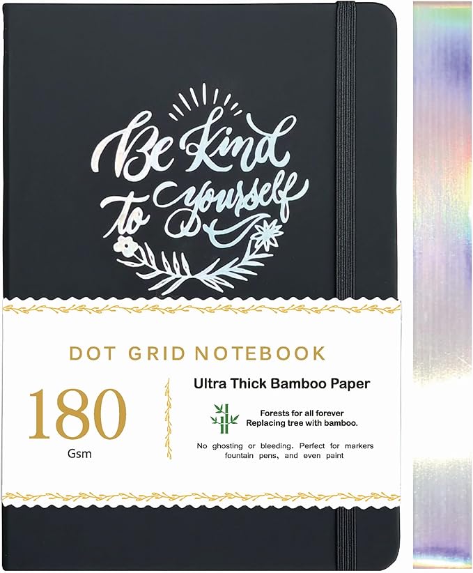 BUKE Dotted Notebook Journal 180GSM Bamboo Thick White Paper 160 Pages 5 * 5MM Dot Grid, Lay Flat Binding,Colored Silver Edges, Bookmarks and Expandable Back Pocket (BKP-8)