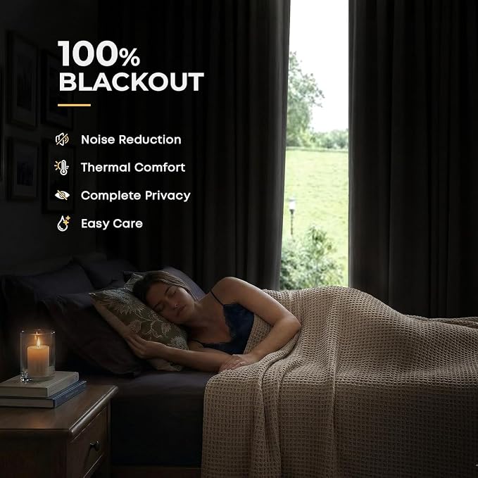 INOVADAY 100% Blackout Curtains for Bedroom, Cream Black Out Curtains 102 Inch Long, Clip Rings Linen Blackout Drapes, Thermal Insulated Room Darkening for Living Room, 2 Panels - W50xL102