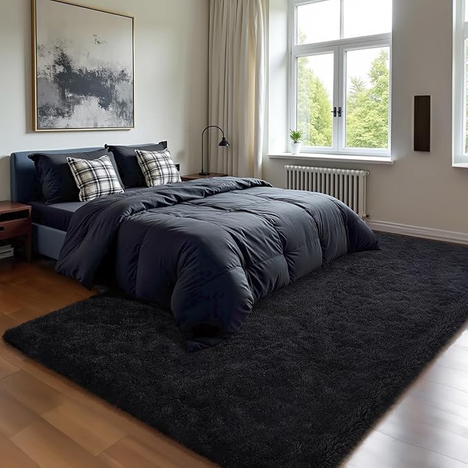 HOMORE Black Rug for Bedroom 4x6 Furry Carpet for Boys Girls Shaggy Fuzzy Rugs for Living Room Non Slip Large Rug for Kids Dorm Home Decor