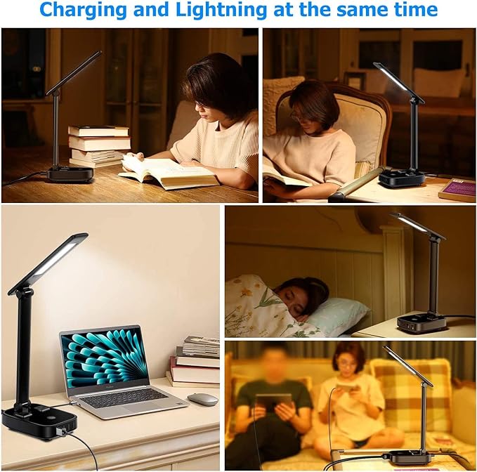 Yostyle LED Desk Lamp with 4 USB Charging Ports and 2 AC Outlets,5ft Extension Cord Power Strip Station, 3 Level Brightness, Touch Dimmer Control, Office Table Eye Care Lamp Bedroom Hotel