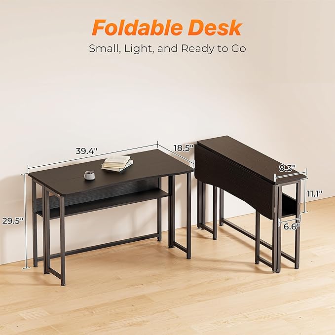 Huuger Folding Desk with Storage Shelf, 39.3 Inch Foldable Computer Table for Small Spaces, Space Saving Sofa Table for Couch, Writing Work Office Computer Desk, Easy to Fold, Black