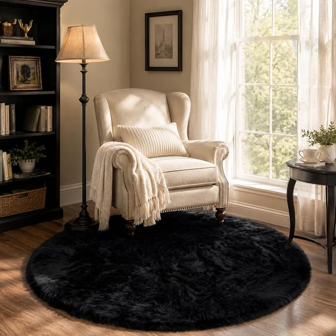 EasyJoy Faux Sheepskin Rug, Fluffy Faux Fur Rug, Ultra Soft Shag Area Rug with Non-Slip Backing for Bedroom, Living Room, Nursery, Kids Room(4 x 4 ft Round, Black)
