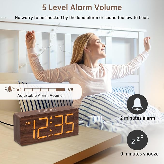 DreamSky Wooden Digital Alarm Clock for Bedroom with Large Numbers | Desk Clock for Living Room Office, Loud Alarm for Heavy Sleepers Adults, Volume Control, Dimmer, DST, Wood Decor (Plug-in)