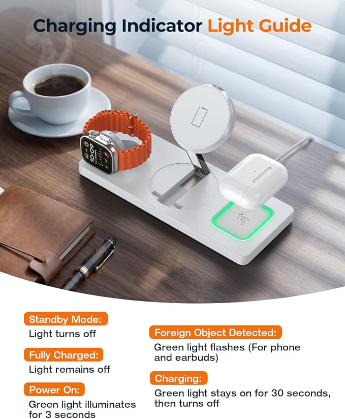 Foldable 3-in-1 Wireless Charging Station for Apple Magsafe Charger Stand, Travel-Friendly Fast Magnetic Wireless Charger Station for iPhone 17/16/15/14/13/12, Apple Watch & AirPods Series, White