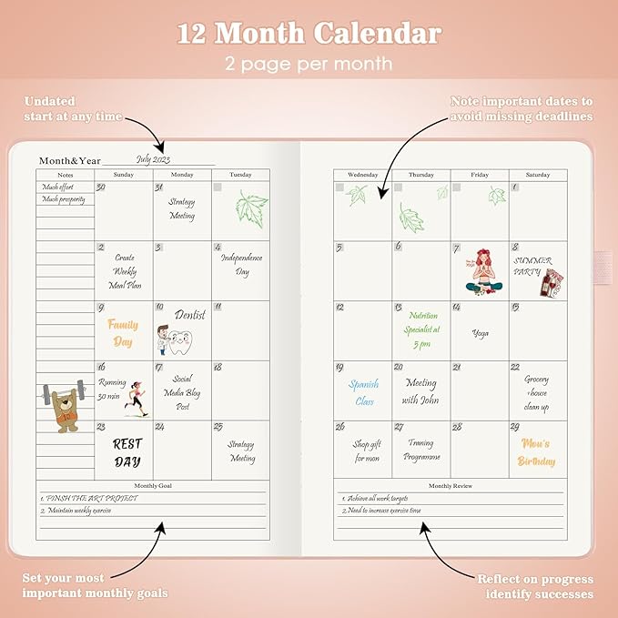 Undated Daily Planner 2024-2025, ADHD & Work Planner for Women & Men, Hourly Goal Setting, Hardcover, Start Anytime, A5, Pink