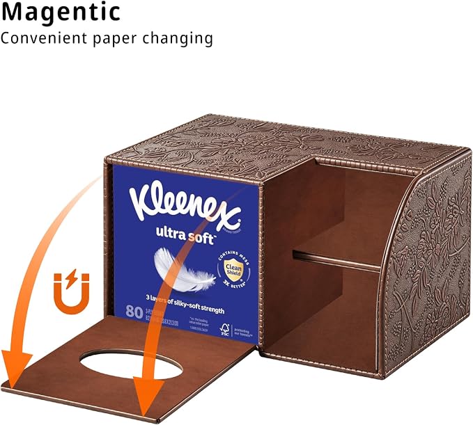 PU Leather Square Tissue Box Cover - Multi-Functional Tissue Box Holder | Tissue Box Cover with Storage ,Tissue and Remote Control Holder, Cube Tissue Box Organizer Bedroom Nightstand End Table
