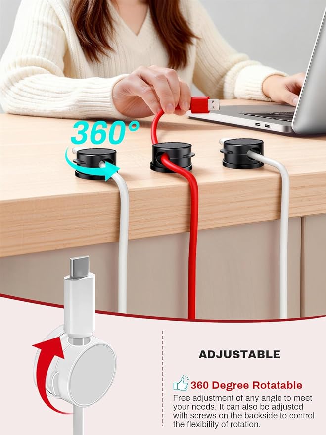 10Pack Magnetic Rotatable Cord Holder with Box, 360°Rotating Clips Cable Organizer for Nightstand, with No-Residue Strong Adhesive for Desk, Phone Cord for Home, Office, Car, Travel Accessories