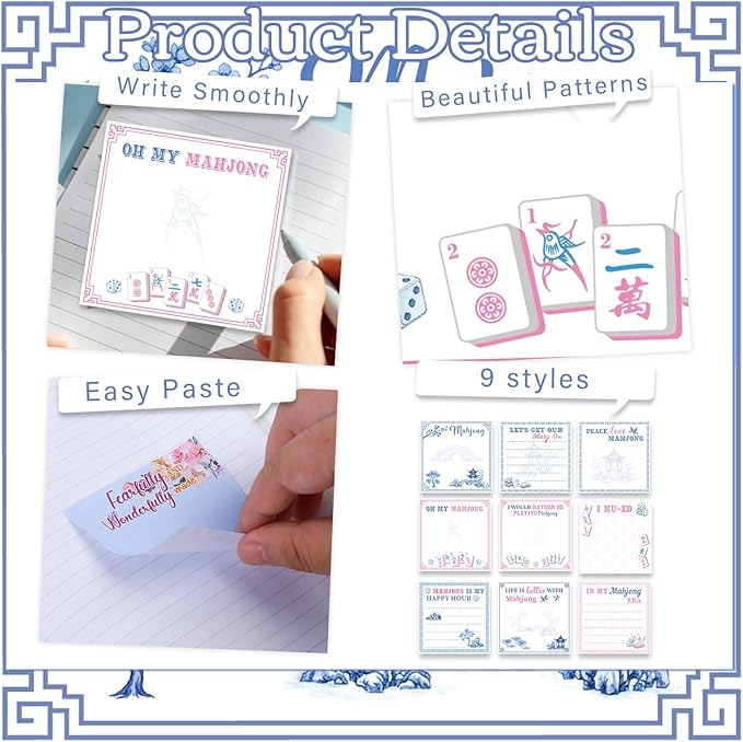 Mahjong Sticky Notes Gifts - 9 Pack Mah Jong Notepads 3x3 Inch Gifts for Mahjong Lovers, Mah Jong Blue and White Porcelain Memo Pads Office School Supplies for Friends Coworkers (450 Sheets)