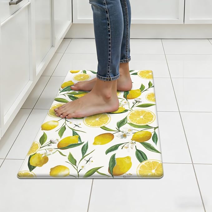 SHACOS Anti Fatigue Lemon Kitchen Rugs Cushioned Waterproof Kitchen Mats for Floor Non Slip Washable Comfort Foam Standing Mat for Office Sink Laundry Room, 17"x27.5", White