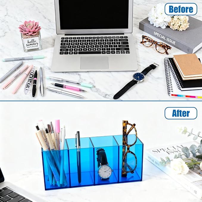 Pen Holder for Desk Neon Acrylic Pencil Holder Cup Makeup Brush Storage Organizer for Vanity, Blue