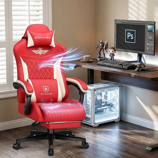 GTPLAYER Gaming Chair with Footrest, Ergonomic Office Chair 400lbs Heavy Duty, Big and Tall Computer Desk Chair with Lumbar Support and Headrest, Faux Leather 90-155° Recline Red