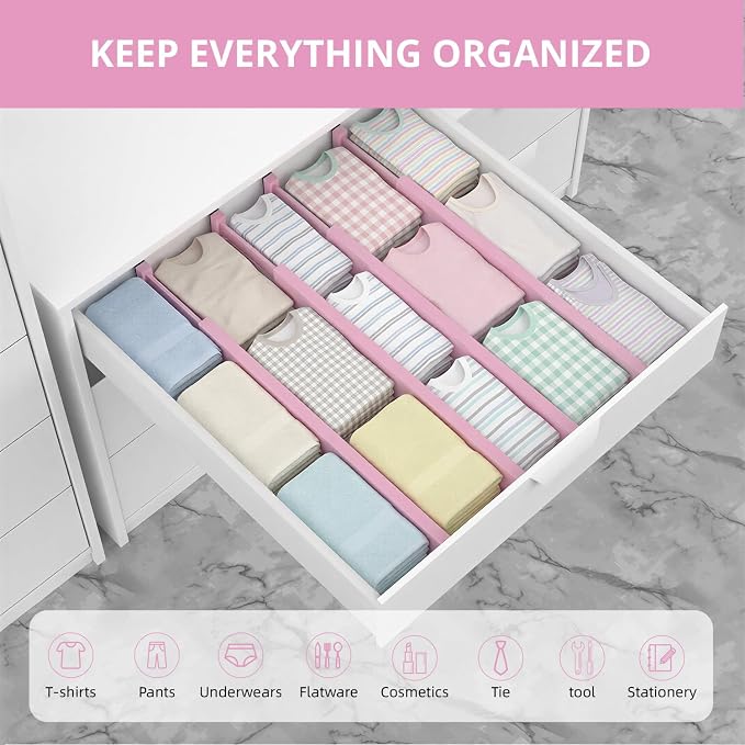 ANTOWIN Expandable Bamboo Drawer Dividers Organizers, Drawer Separators Splitter, 17-22 inches Long Adjustable Spring-loaded Organizer for Large Utensil, Clothes, Tools(Pink)
