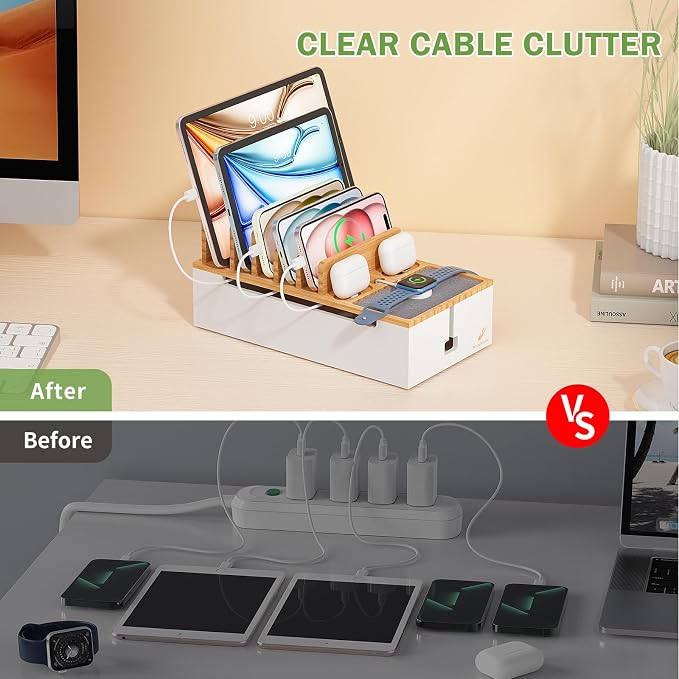 Pezin Hulin Multi Devices Charging Station - Natural +White | with USB Power Adapter, and 6 Wire Cables - Cord Organizer Management, Cell Phone Charger Dock Stand, Desktop Cord Hider Box