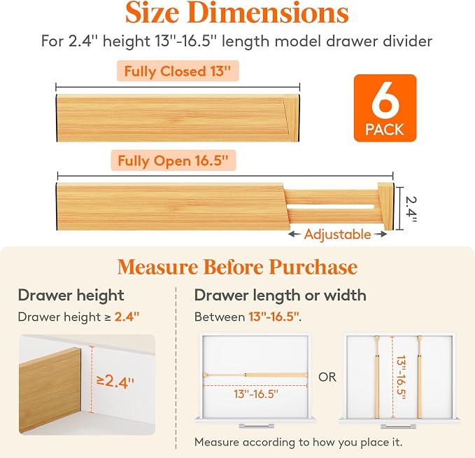 Lifewit 2.4" High 6 Pack Bamboo Drawer Dividers 33-42cm/13-16.5" Adjustable Wooden Drawer Organizer for Clothes/Utensils, Expandable Drawer Separator for Dresser/Kitchen/Bedroom/Office Organization