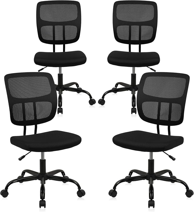 CLATINA Home Office Chair No Arms with Wheels, Adjustable Height Small Desk Chair, Ergonomic Mesh Rolling Work Swivel Chairs, 360 Swivel Computer Chair for Office, Reading Meeting Room 4PK(Black)
