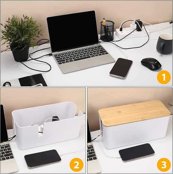 ZhiYo 2 Pack Cable Management Box, Large & XL, Power Strip Organizer, White | Extra-Tall Design for Oversized Adapters, Fits Power Strips Up to 13.4" Long, Natural Bamboo Lid, Ideal for Desks, TV Areas