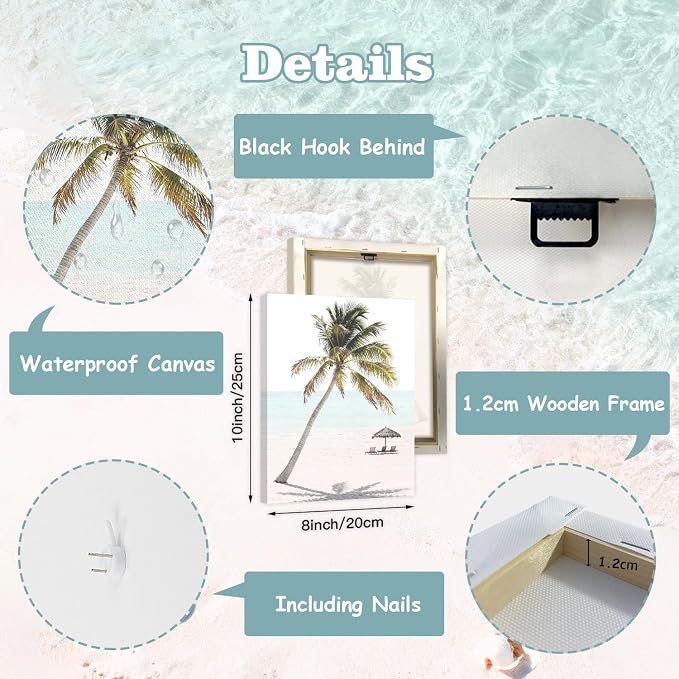 CHDITB Beach Framed Canvas Wall Art, Coastal Palm Tree Artwork, Tropical Ocean Wall Decor, Boho Surfboard Poster, Pink Aesthetic Summer wave Art Prints For Living Room Seaside Cottage Decor 8”X10”x6
