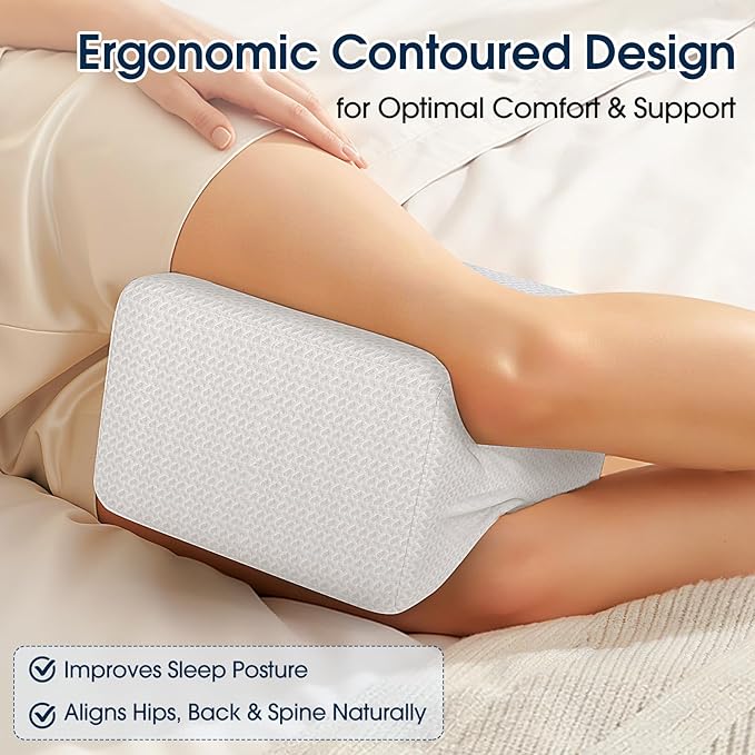 BlissTrends Memory Foam Knee Pillow, Knee Pillow for Side Sleepers, Leg Pillows for Sleeping Blood Circulation, Elevation Pillow for Spine Aligning, Sciatica, Back, Hip, Knee, Ankle Pain, White