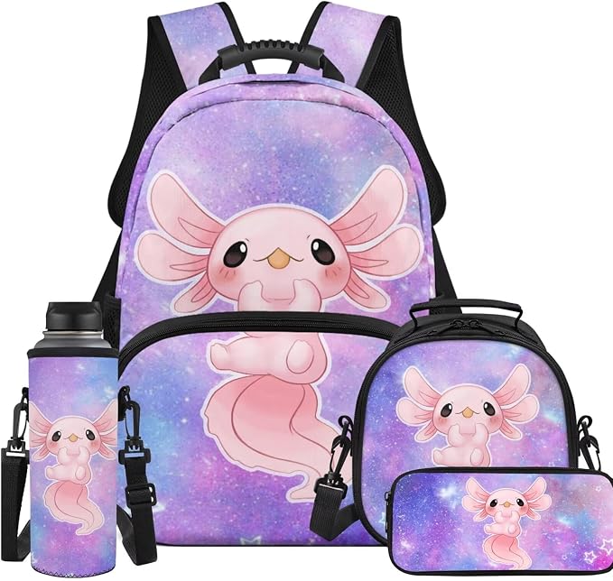 Ystardream Large Capacity Backpack for Boys Galaxy Axolotl Backpack and Lunch Box Set 4 Piece Student Back To School Book Bag with Soft Pencil Case,Water Bottle Covers for Teens Kids Daily Use