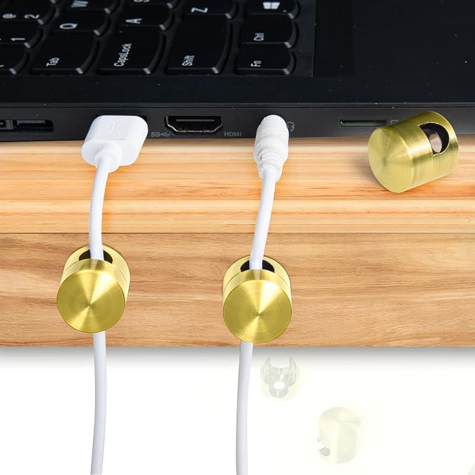 SmallCat 4 Sets Charger Holders for Cords, Gold Color Adjustable Cable Anchor Holders, Adhesive Metal Cord Clips, Cable Management Wire Organizers for Desk, Office, Nightstand