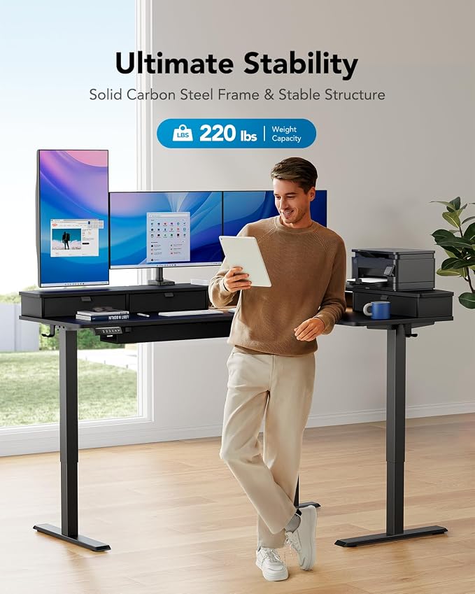 HUANUO 65″ L Shaped Standing Desk with 3 Drawers, Electric Height Adjustable Corner Computer Desk with Power Outlets & LED Strip, Sit Stand Up Desk for Home Office, Black