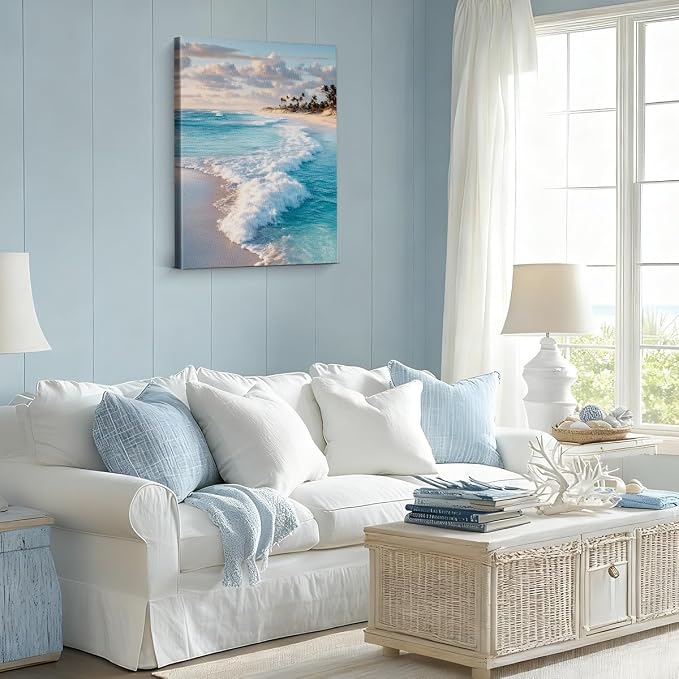 Coastal Ocean Wave Wall Art Decor Seascape Beach Painting Picture Artwork Blue Ocean Aesthetic Wall Decor for Home Beach Room Bedroom 8x10 Canvas Framed