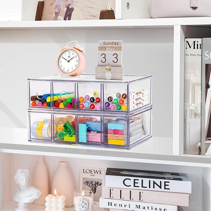 Desk Organizer with 8 Drawers, 2-Pack Stackable Desktop Storage Box | Clear Sunglasses Organizer, Display Case, Removable Drawers, For Stationery, Markers, Pens, Eyeglasses, Office Supply