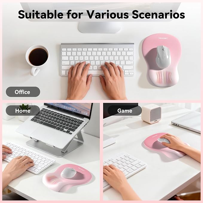 TECKNET Ergonomic Mouse Pad with Wrist Rest, Memory Foam Mousepad with Wrist Support, Smooth Surface, Middle Concave & Non-Slip Base for Laptop/PC, Pain Relief for Home Office Gaming, Pink