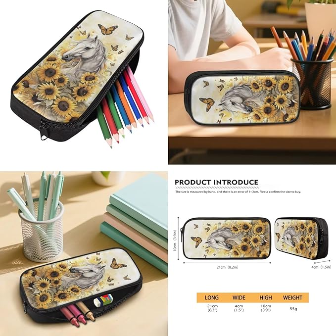 Horse Sunflower Backpack with Lunch Box for School Boys Girls Personalized School Bags 4 in 1 Set Includes Lunch Bag Pencil Case and Water Bottle Holder Back to School Supplies