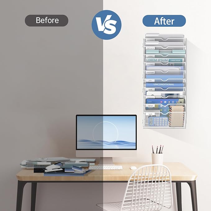 10 Tier Wall File Organizer Office Hanging Mail Holder Wall Mounted, Mesh Paper Document Organizer for Office Home School, White