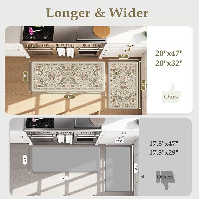 KIMODE Anti Fatigue Kitchen Mats 20"x47"+20"x32", Boho Memory Foam Kitchen Floor Mats Non Slip, Beige Kitchen Mats for Floor, Waterproof Standing Mats for Laundry Office Sink Desk