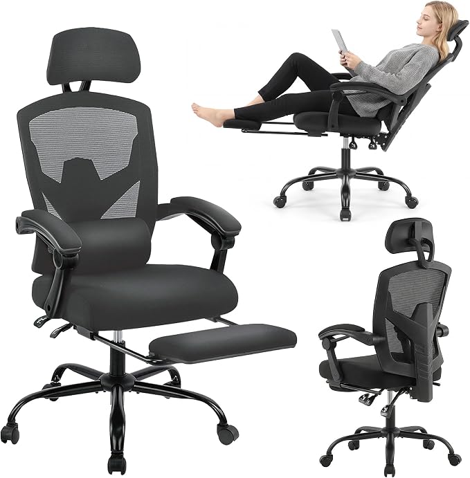 Desk Chair with Foot Rest, High-Back Mesh Office Chair, Classic Black | Reclining Gaming Chair with Headrest and Adjustable Lumbar Support, 90°-130° Reclining, for Home Office and Gaming