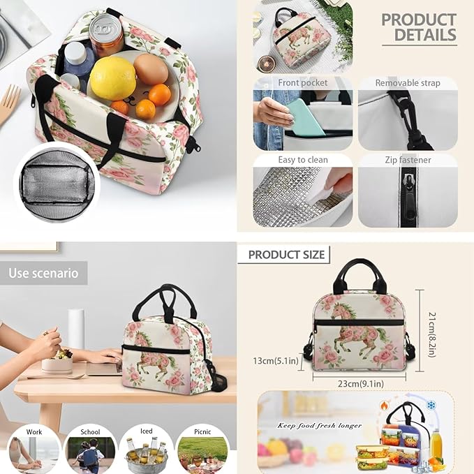 Horse Rose Bookbag Kids 3 in 1 School Backpack with Lunch Bag Pencil Bag Set for Girls Lightweight Elementary Middle School Bags