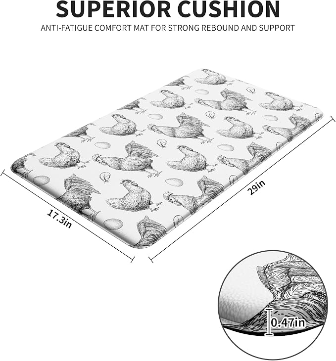 Farmhouse Chicken Kitchen Decor Mat, Cushioned Anti Fatigue Non-Slip | Farmhouse Chicken Pattern,Cushioned Comfort, Non-Slip Backing,Waterproof Surface, Easy Clean, Kitchen Sink,Laundry Room