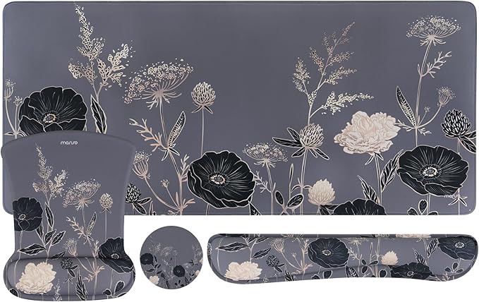 MOSISO Keyboard Mouse Pad Set, Large Gaming Mouse Pad&Keyboard Wrist Rest&Mouse Wrist Rest&Coaster, Ergonomic Non-Slip Retro Flower Floral Mousepad with Raised Memory Foam for Home Office, Gray