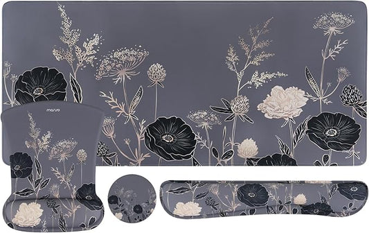 MOSISO Keyboard Mouse Pad Set, Large Gaming Mouse Pad&Keyboard Wrist Rest&Mouse Wrist Rest&Coaster, Ergonomic Non-Slip Retro Flower Floral Mousepad with Raised Memory Foam for Home Office, Gray