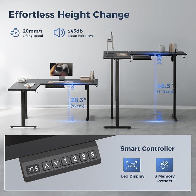 Klicelor L Shaped Standing Desk 63 x 48 Inch,Electric Height Adjustable Corner Desk with Cable Management & Power Outlets, Ergonomic Sit Stand Up Computer Table for Home Office,Black