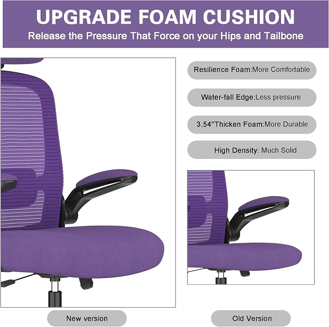 Mimoglad Office Chair, High Back Ergonomic Desk Chair with Adjustable Lumbar Support and Headrest, with flip-up Armrests for Guitar Playing, 5 Years Warranty (Modern, Dark Purple(Black Frame))