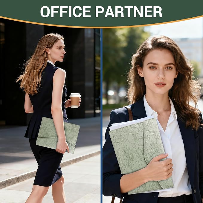 Embossed Professional Trifold Padfolio with Magnetic Closure – A4 Letter Portfolio Organizer for Business Meetings, Interviews & Presentations, Document Folder with Notepad Holder (Green)